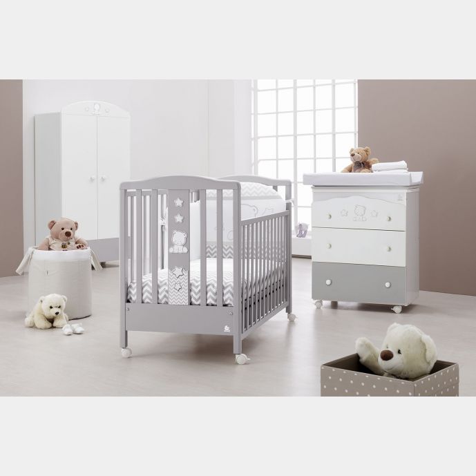 Culla moderna Teddy con ruote, finitura Grigio con decori in tinta