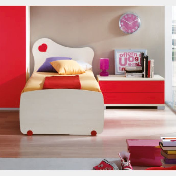 Letto singolo con testata e pediera con inserto a cuore in finitura Larice e Rosso LACCATO