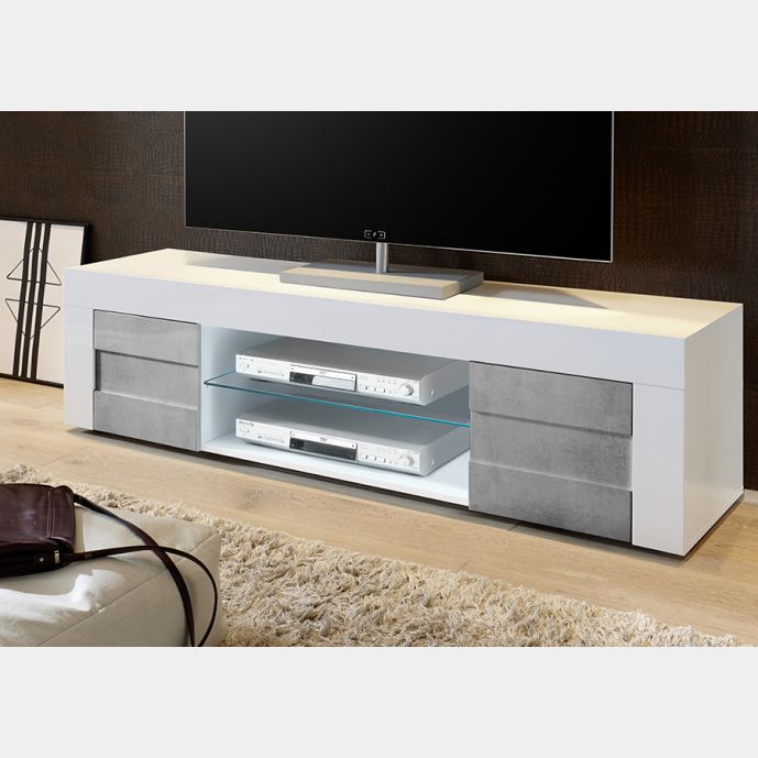 Porta TV Moderno di Design a due ante Bianco Lucido e Beton
