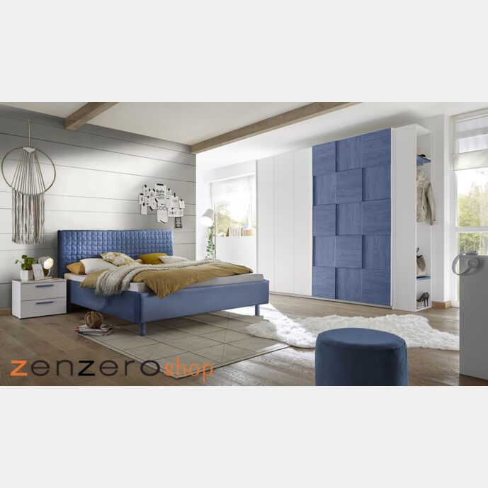 Camera completa con letto blu in tessuto imbottito con armadio Miss