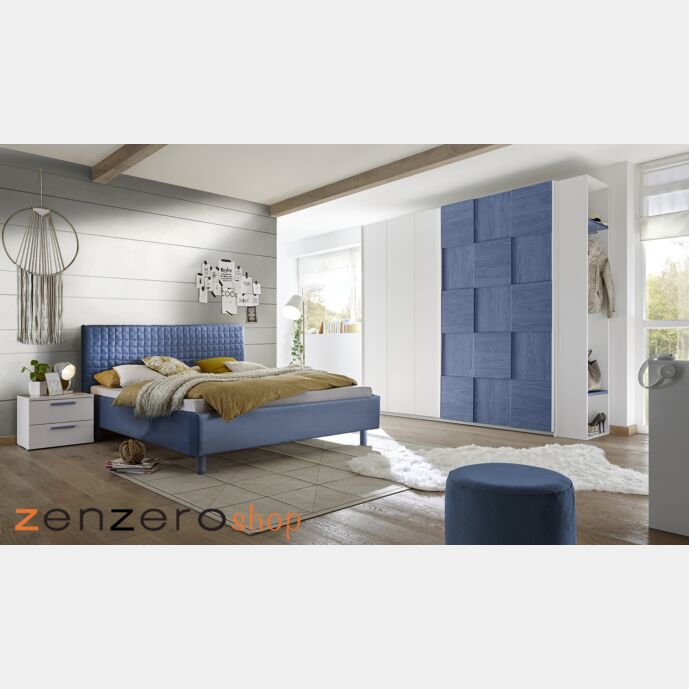 Camera completa con letto blu in tessuto imbottito con armadio Miss H.230
