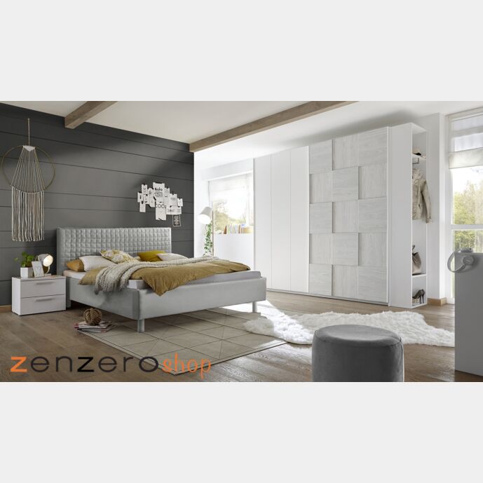 Camera completa con letto grigio in tessuto imbottito con armadio Miss H.230