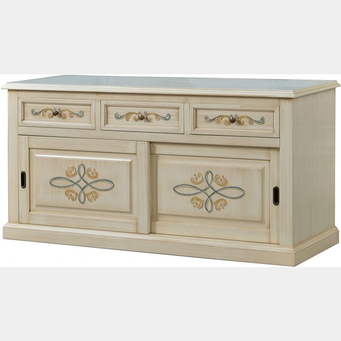 Credenza avorio pennellato con decori, 2 ante e 3 cassetti 157x78