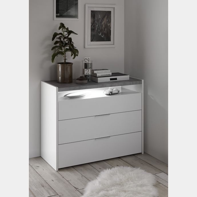 Comò moderno bianco opaco e beton con 3 cassetti