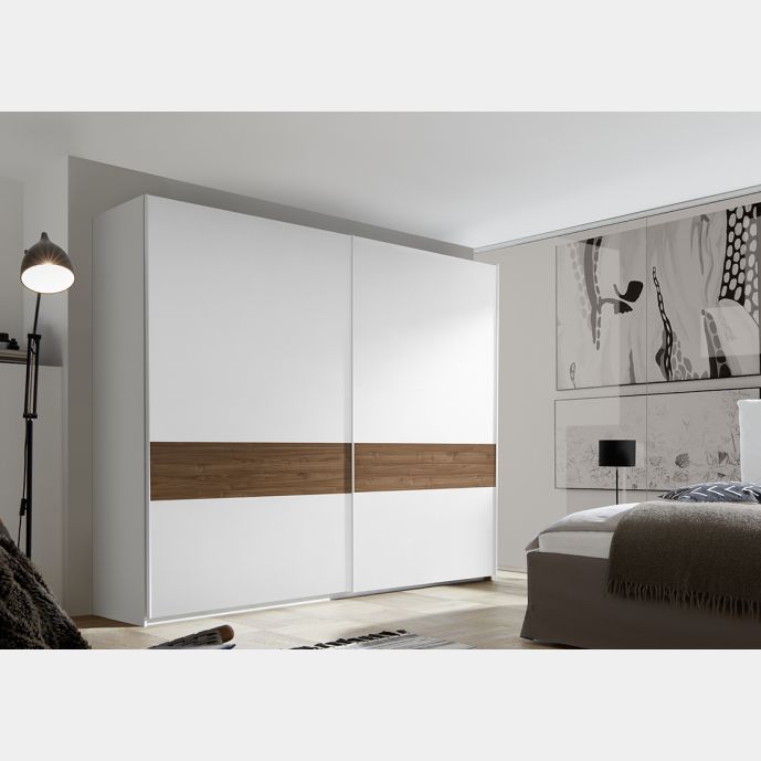 Maxi Armadio moderno con ante scorrevoli, Bianco Opaco con fascia Noce Dark