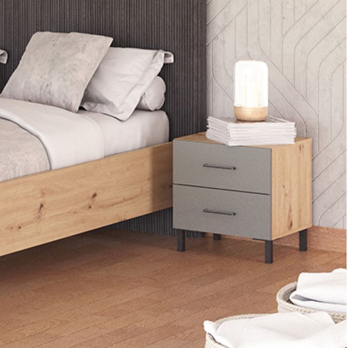 Comodino Rovere oak e Grigio, 2 cassetti