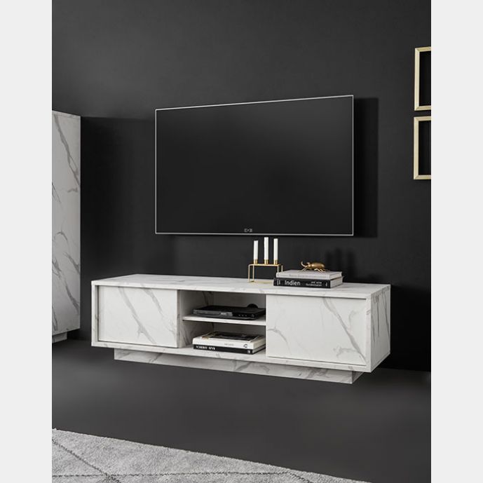 Porta TV moderno, 2 ante in finitura effetto Marmo Bianco di Carrara