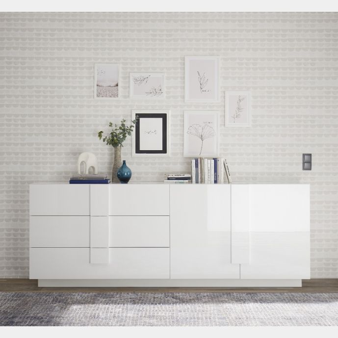 Credenza in offerta, 2 ante 3 cassetti in finitura Bianco laccato lucido