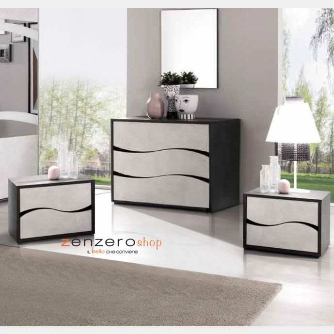 Set moderno composto da comodini e comò, finitura grigio resina chiaro e grigio resina scuro, made in Italy