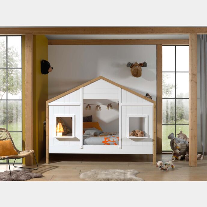 Letto casetta per bambini, Bianco e Pino naturale, modello montessoriano