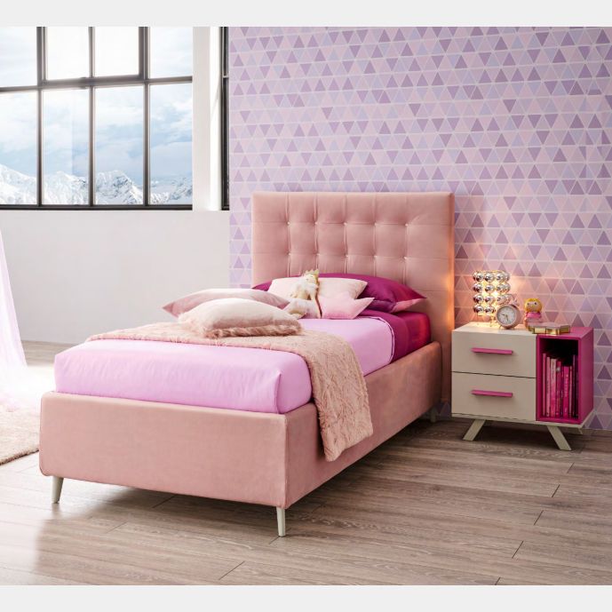 Letto singolo Britney Moretti Compact con contenitore laterale, tessuto Flamingo