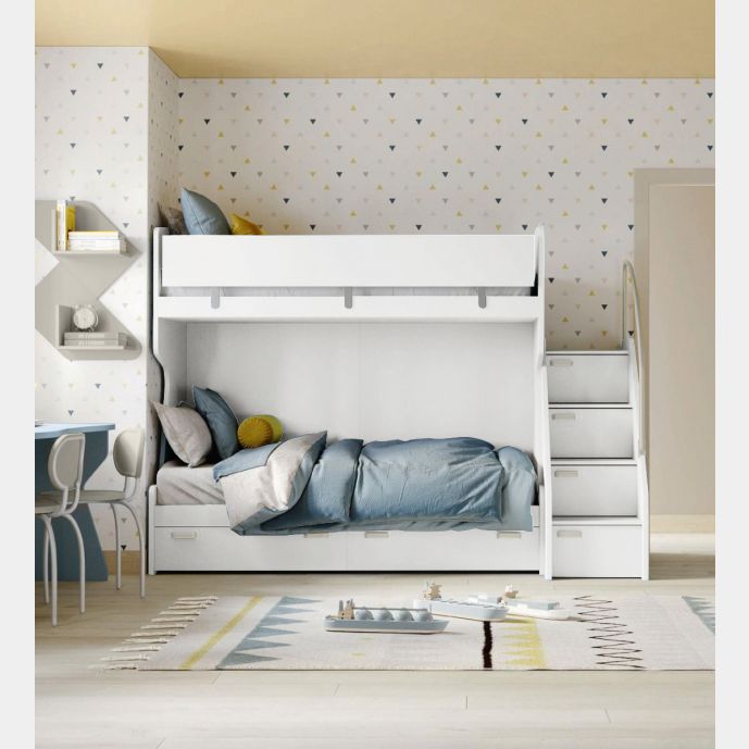 Letto a castello bambini con 2 cassetti, Bianco e Dorian