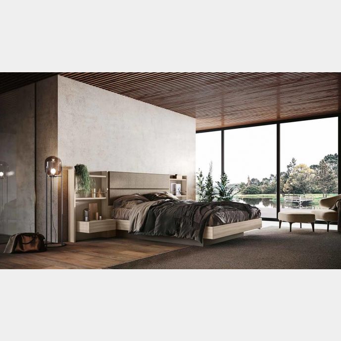 Letto Ester matrimoniale con contenitore, finitura Olmo natura, Visone e tessuto Castoro