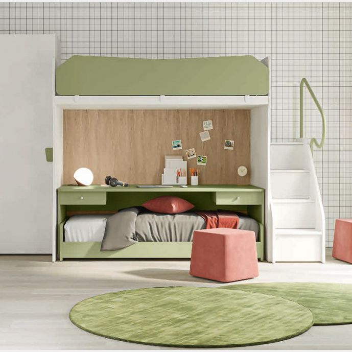 Letto con scrivania a castello, finitura Cemento artico, Oliva e Royal oak