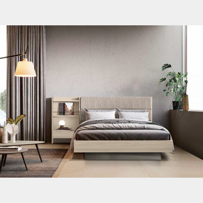 Letto contenitore matrimoniale Ester, finitura Bianco altea e Orzo con testata tessuto Beige