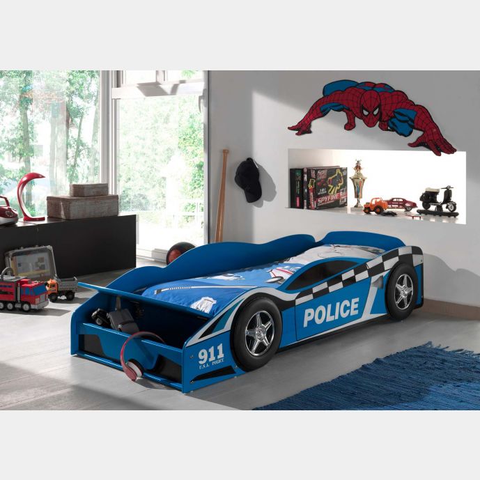 Lettino auto polizia per bambini, blu laccato