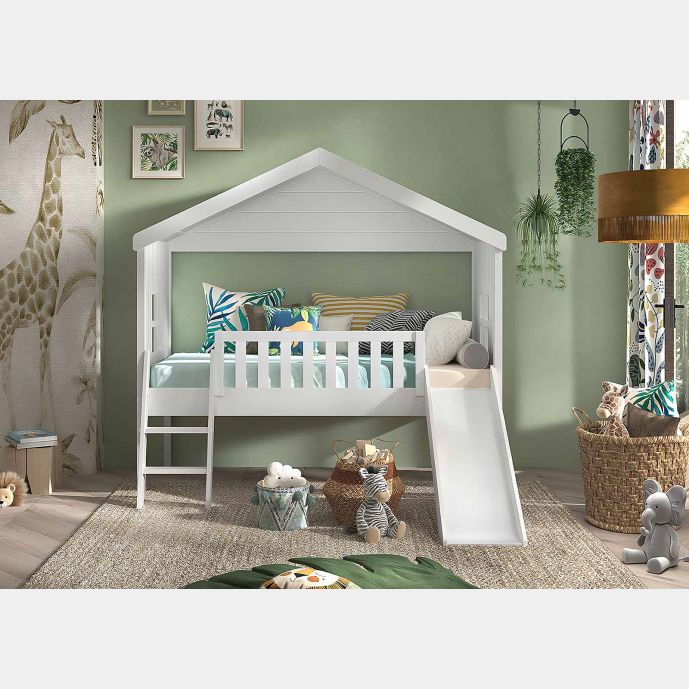 Letto a casetta con scivolo e finestre, scontato del 70%