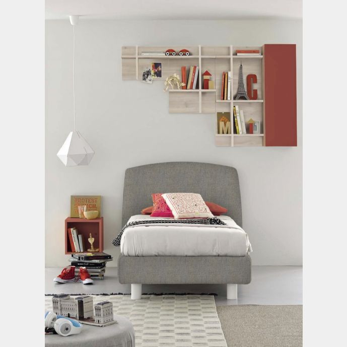 Letto imbottito singolo con piedini bianchi, finitura tessuto Grey