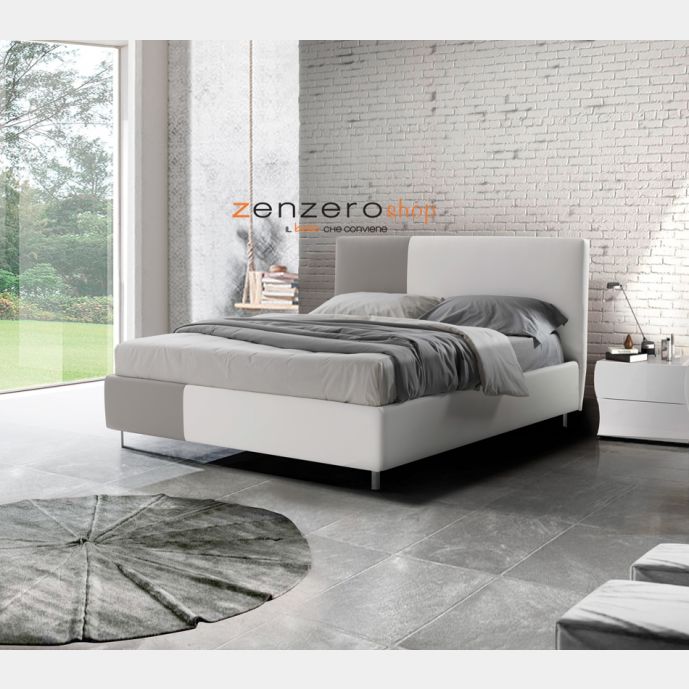 Letto contenitore Albali in ecopelle in finitura bianco e grigio perla