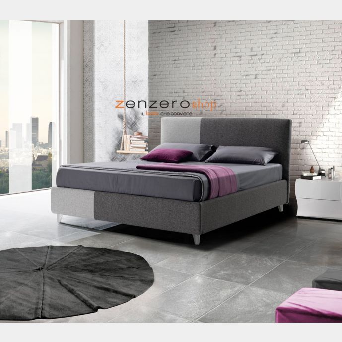 Letto contenitore Sirrah in tessuto in finitura grigio seta ed antracite