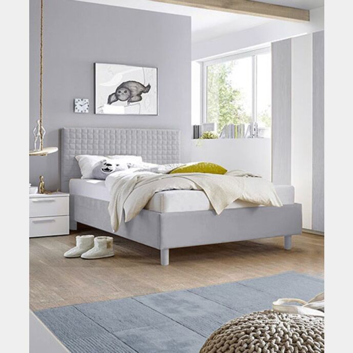 Letto Square grigio in tessuto imbottito una piazza e mezza, testiera riquadrata