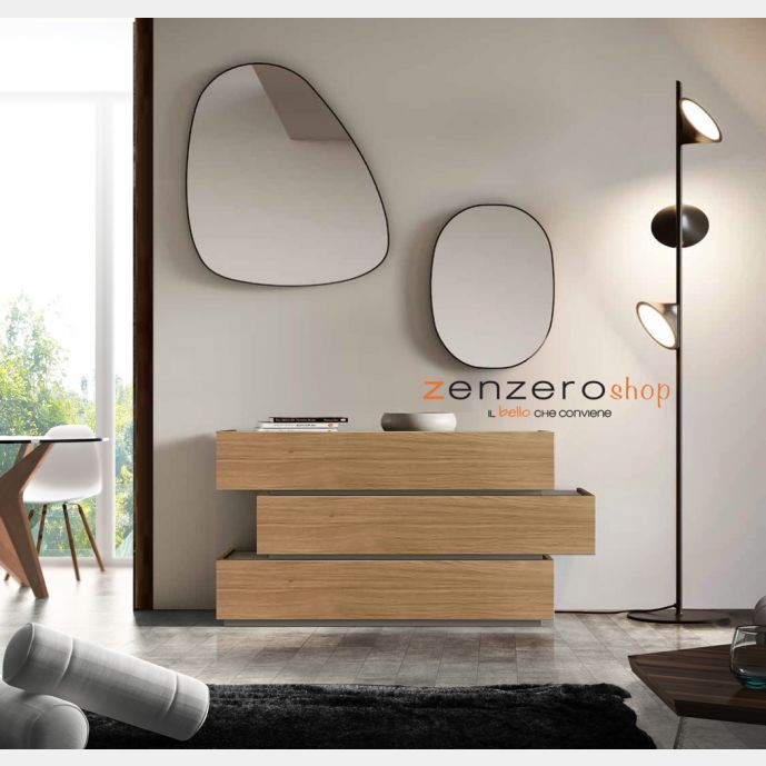 Comò Palawan con cassetti sfalsati in finitura Grigio seta e Noce biondo