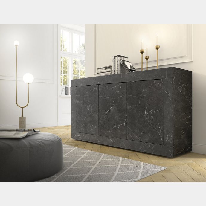 Madia moderna 3 ante effetto marmo nero, Made in Italy