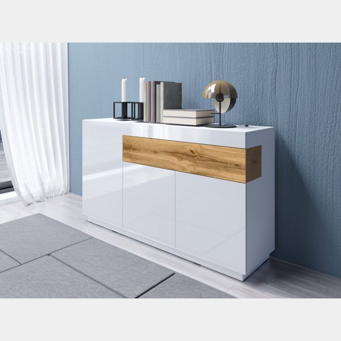 Credenza moderna 3 ante e 1 cassetto, bianco lucido e rovere naturale