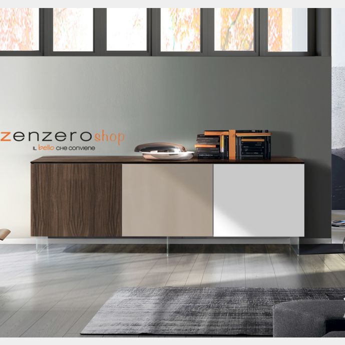 Credenza Moderna, Madia di Design con piedini in vetro, 3 ante, Teak, Bianco e fango