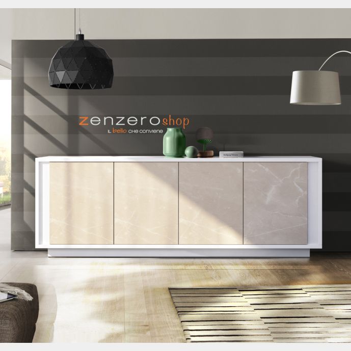 Credenza Moderna, Madia di Design, 4 ante, Bianco Nobilitato e Opera