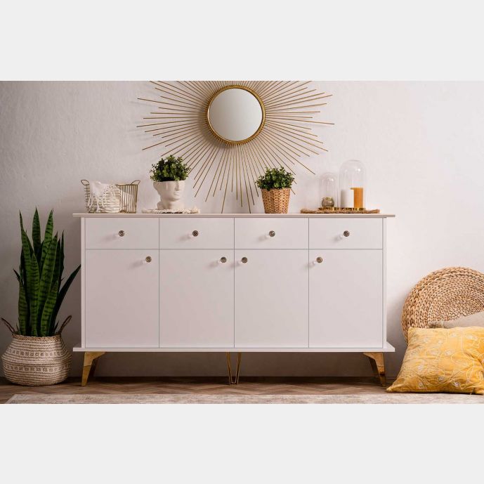 Madia Oslo con 4 ante e 4 cassetti in finitura bianco e oro