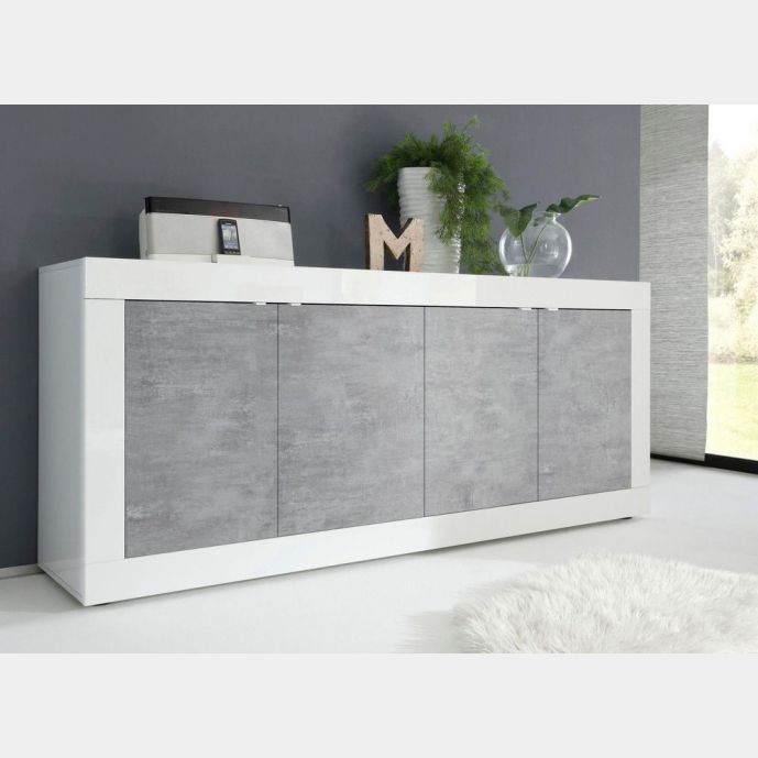 Madie, credenza moderna a 4 ante, Bianco Lucido e Beton