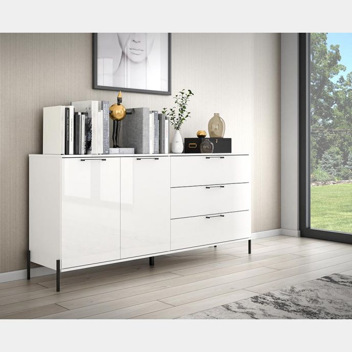 Credenza 2 ante 3 cassetti con piedini, finitura Bianco lucido e opaco