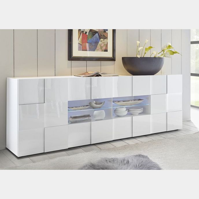 Credenza Moderna, Madia di Design, 2 ante e 4 cassetti, Bianco Lucido