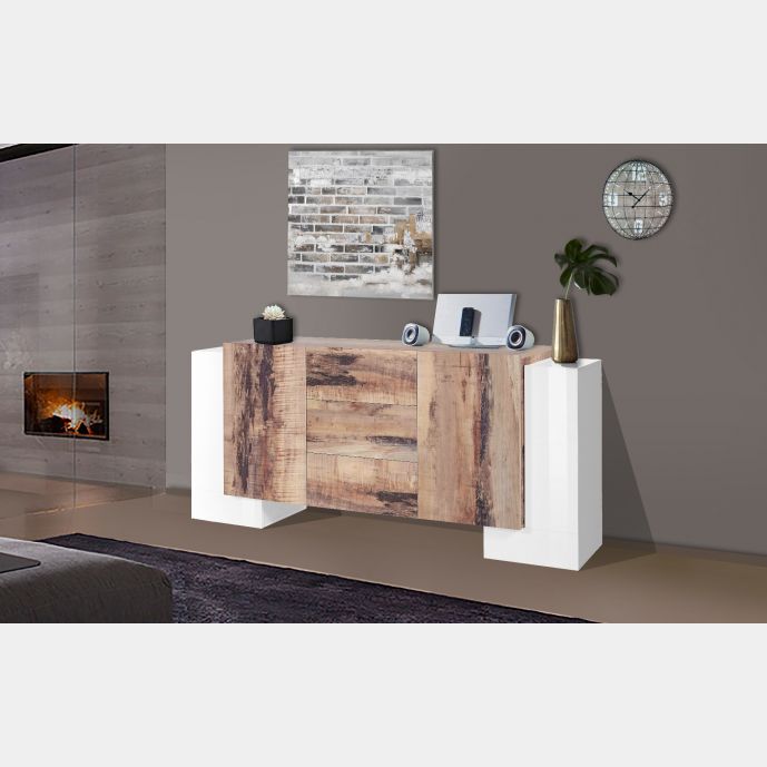 Credenza moderna Pero e Bianco lucido, 3 cassetti e 4 ante