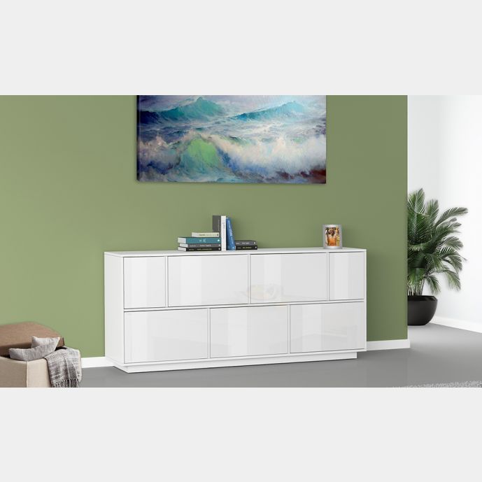 Mobile a 3 Ante Credenza Moderna per Soggiorno 120 cm Basso Bianco Lucido