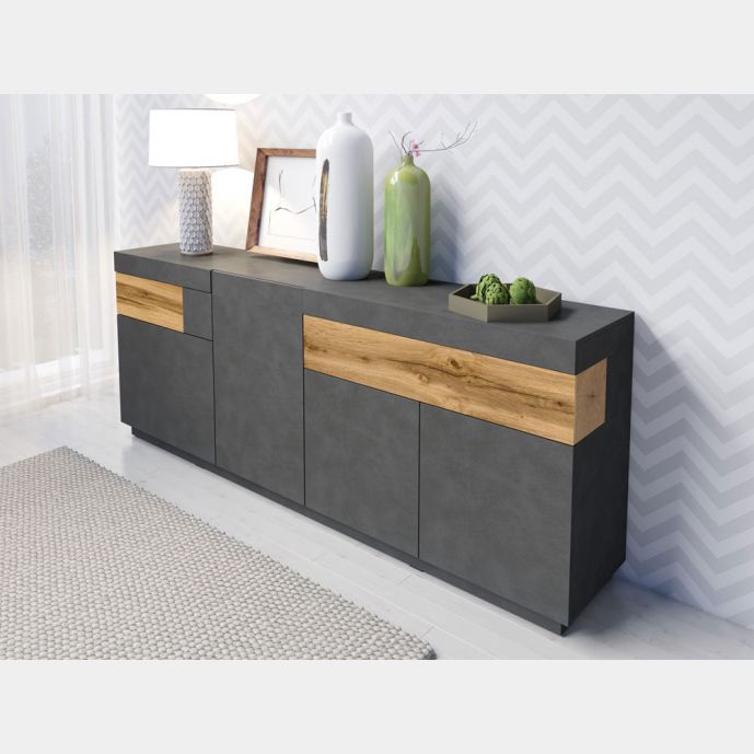 Credenza moderna antracite e rovere naturale, 4 ante e 2 cassetti 