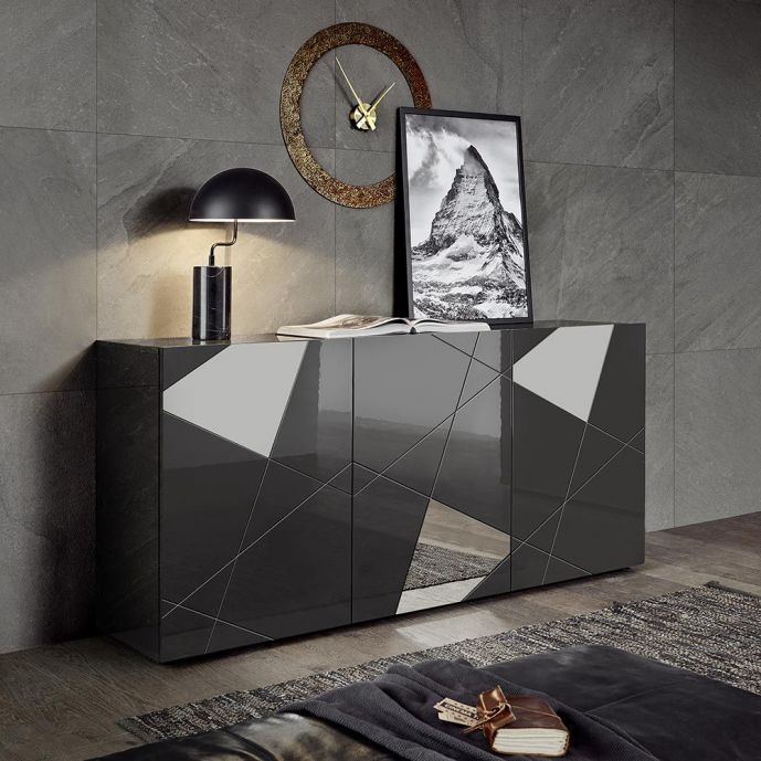 Madia prezzo basso, credenza moderna serigrafata con 3 ante e specchi in finitura Grigio lucido