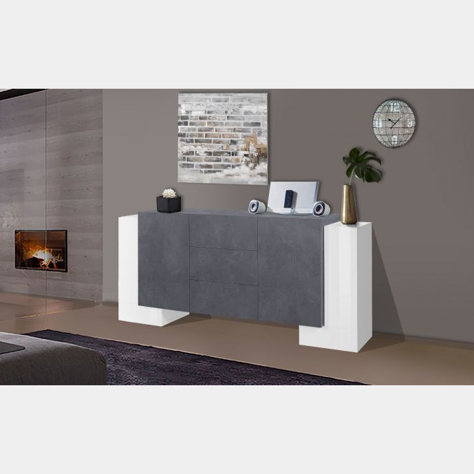 Credenza moderna Ardesia e Bianco lucido, 3 cassetti e 4 ante