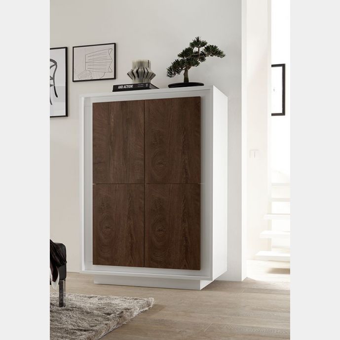 Credenza Moderna, Madia di Design, 4 ante Alta, Bianco Opaco con frontali Cognac