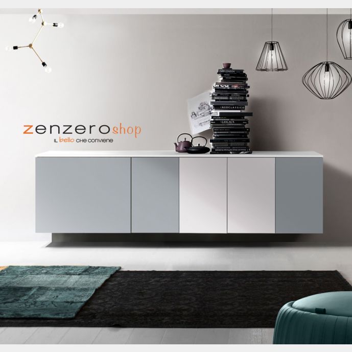 Credenza sospesa, Madia moderna, 5 ante, finitura Bianco, Alluminio e Grey