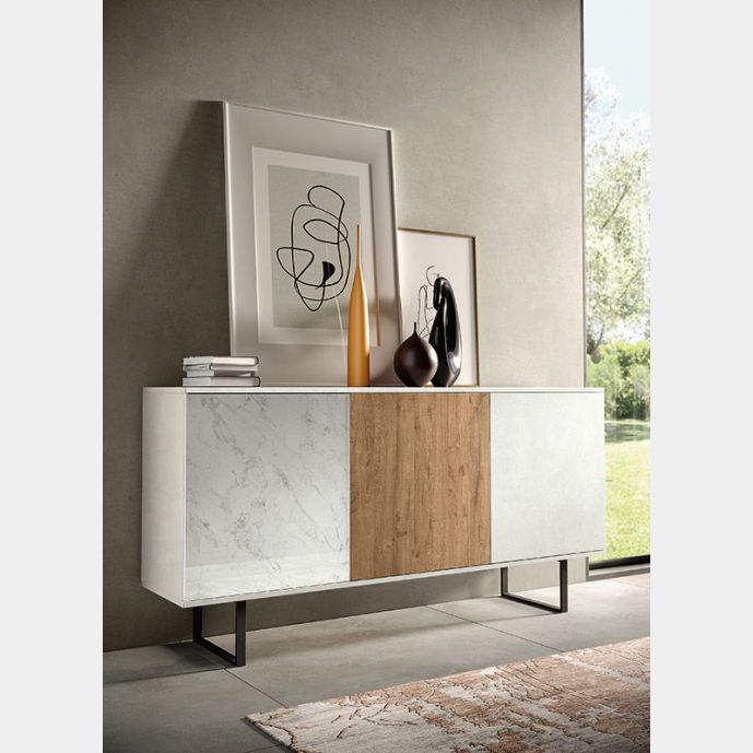 Madia  moderna Shapley con 3 ante in finitura Bianco calce, Rovere nordico e Vetro marmo white