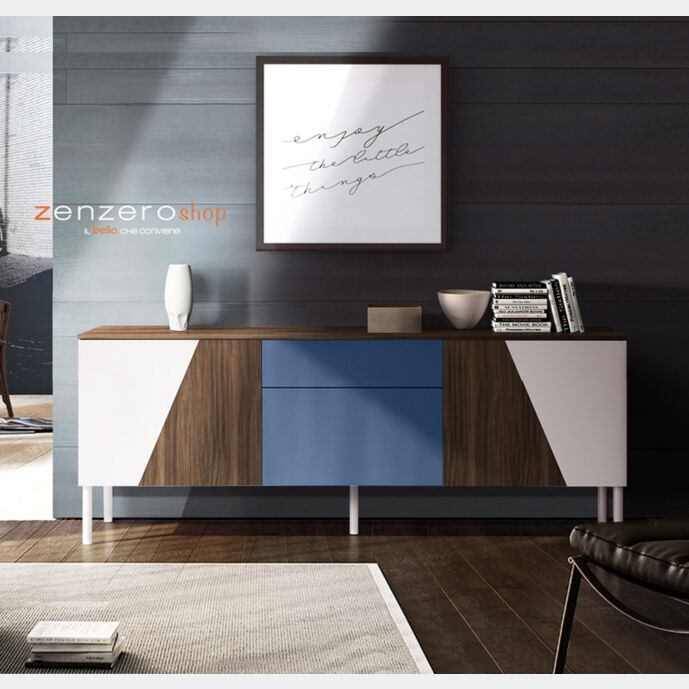 Madia di Design con piedini, 3 ante 1 cassetto, finitura Teak, Navy e Grey