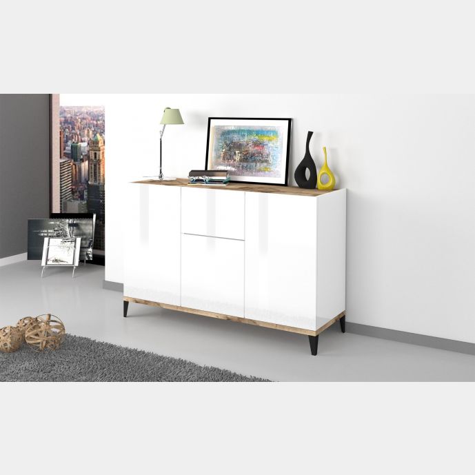 Madie economiche, Credenza moderna Bianca lucido e pero, 3 ante 1 cassetto