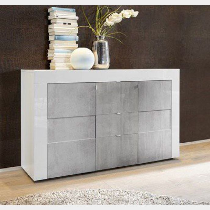 Credenza Moderna, Madia di Design, 2 ante e 3 cassetti, Bianco Lucido con frontali Beton