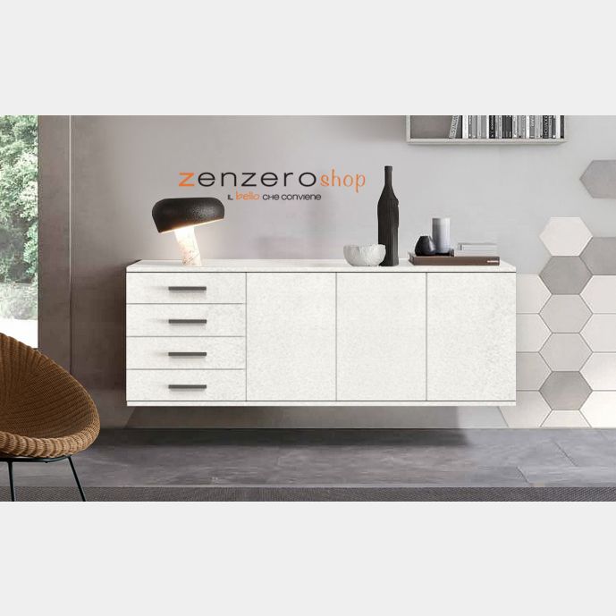 Credenza sospesa 3 ante 4 cassetti, finitura Cemento Artico