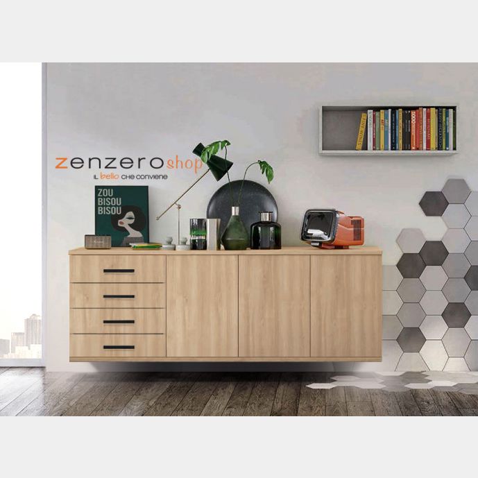 Credenza sospesa 3 ante 4 cassetti, finitura Rovere Oak