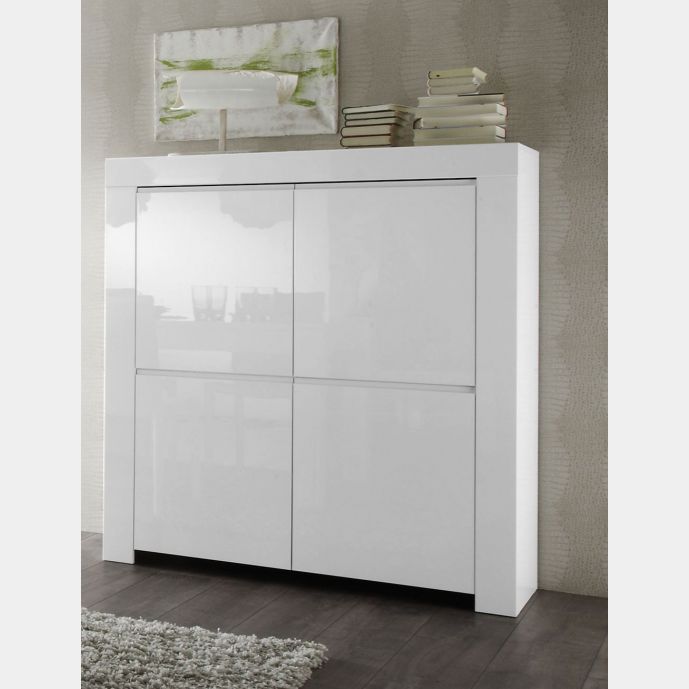 Credenza Moderna, Madia di Design, Made in Italy 4 ante Alta, Bianco Lucido