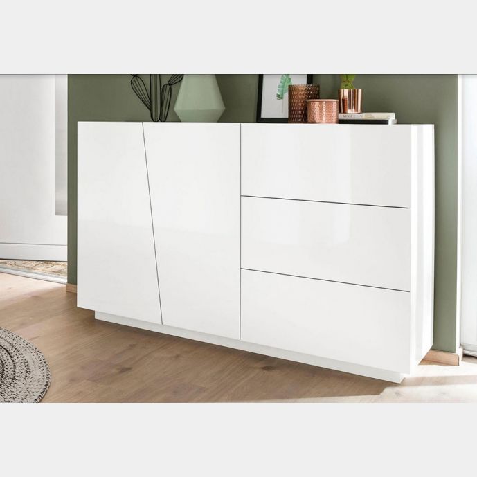 Credenza Moderna Bianco Laccato Lucido  2 ante, 3 cassetti