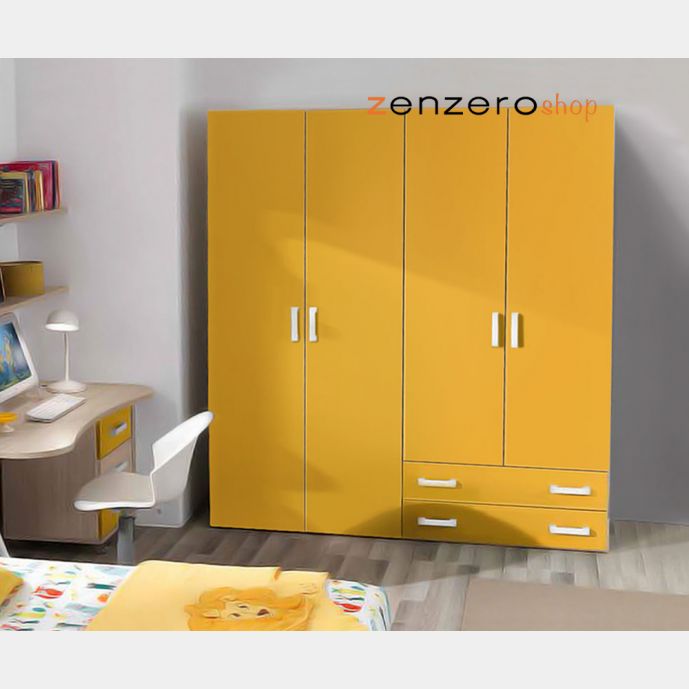 Armadio moderno Giallo e Olmo con 4 ante battenti 2 cassetti